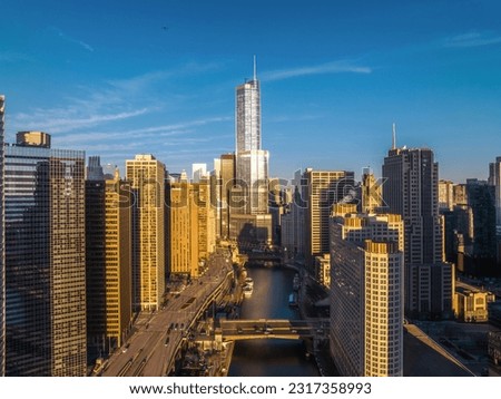 Cityscape of Chicago Riverwalk at Dusable bridge over Michigan river , Chicago city, USA Royalty-Free Stock Photo #2317358993
