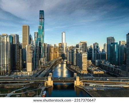 Cityscape of Chicago Riverwalk at Dusable bridge over Michigan river , Chicago city, USA Royalty-Free Stock Photo #2317370647
