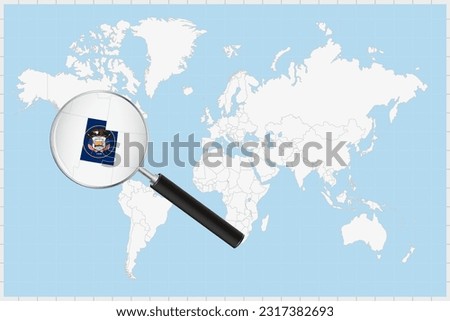 Magnifying glass showing a map of Utah on a world map. Utah flag and map enlarge in lens. Vector Illustration.