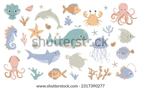 Fish and wild marine animals are isolated on white background. Inhabitants of the sea world, cute, funny underwater creatures dolphin, shark, ocean crabs, sea turtle. Flat cartoon vector illustration.