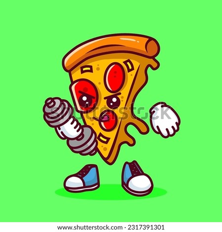 Vector illustration of kawaii pizza cartoon character with barbell. Vector eps 10