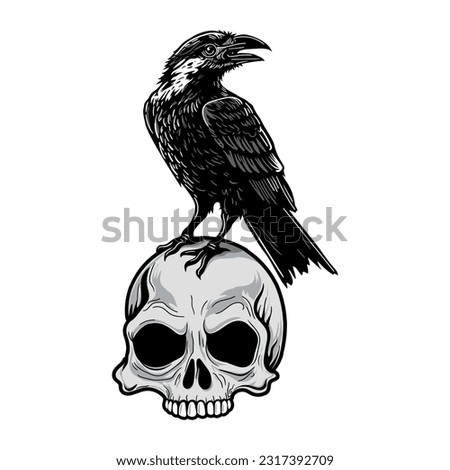 Crow on skull isolated on white. Hand drawn vector illustration