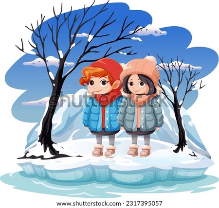 Cut girls at cold outdoor winter scene illustration