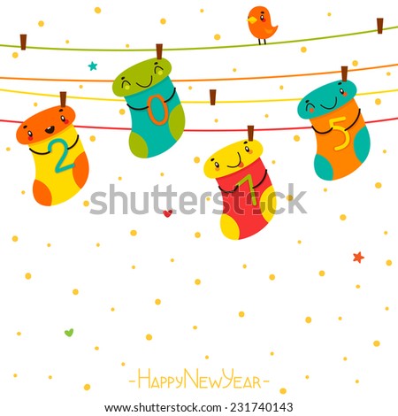 Happy New year card with Cute socks and numbers, 2015, vector.