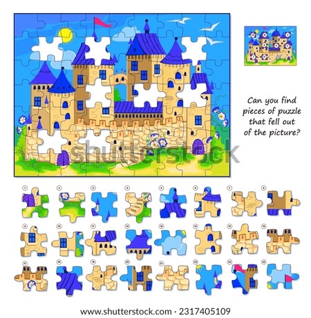 Logic game for children and adults. Can you find pieces of puzzle that fell out of picture? Page for kids brain teaser book. Task for attentiveness. Developing spatial thinking. Play online.  Royalty-Free Stock Photo #2317405109