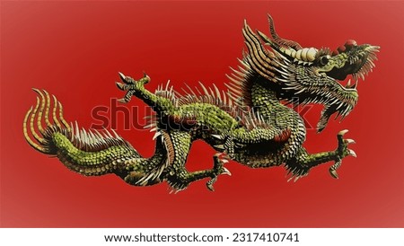 Green Chinese dragon on a red background