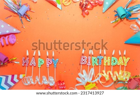 Top view birthday background with number  . A beautiful holiday postcard on a colorful background with decorations. Anniversary congratulations with a number. Words from candles birthday.