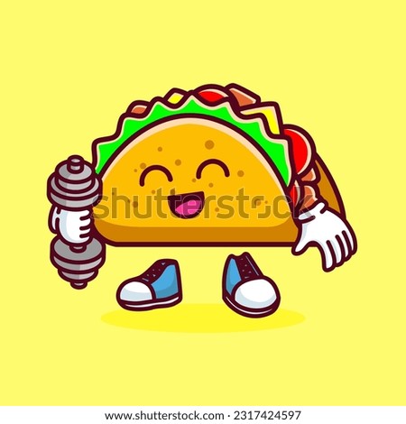 Vector illustration of kawaii taco cartoon character with barbell. Vector eps 10