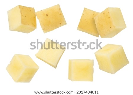 Raw vegetables. Potato cubes with peel isolated on white background. The concept of junk food, cooking dishes from potatoes. To be inserted into a design or project. Royalty-Free Stock Photo #2317434011
