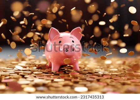 Coins of gold rained into the pink piggy bank, overflowing onto the floor. Royalty-Free Stock Photo #2317435313