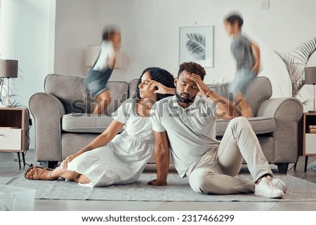Stress, tired and parents with adhd kids playing on couch making mom sad, exhausted and frustrated with dad. Headache, mother and overwhelmed father with loud children jumping on sofa in family home Royalty-Free Stock Photo #2317466299