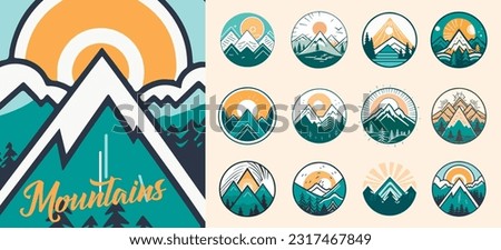 Mountain vector emblem logo templates collection. Mountain, forest and sun vector illustration