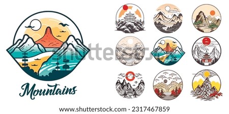 Mountain vector emblem logo templates collection. Mountain, forest and sun vector illustration