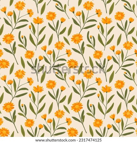 seamless pattern with calendula. orange flowers with leaves scattered over the background. floral pattern for textiles. Royalty-Free Stock Photo #2317474125