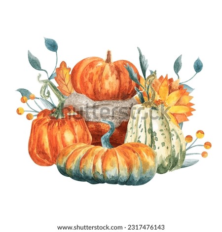 Watercolor pumpkin composition, leaves, Halloween clip art, autumn design elements. Hand drawn illustration. Perfect graphic for Thanksgiving day, Halloween, greeting cards, posters, and invitations.