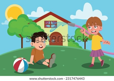 Children play outside. Children having fan. Summer camp activities with water splashing. Summer background. House with backyard.