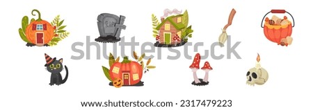 Halloween with Creepy Tomb, Broom, Skull, Cat, Pumpkin House and Toadstool Vector Set
