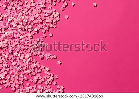  Pink shining stars scattered on a pink background with free space for your text or design. A wonderful blank for a greeting card, poster, banner. Wedding, birthday, mother's day, women's day