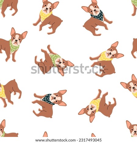 Boston Terrier dog breed seamless pattern. Beige doggy with a yellow and green neckerchief.Animal print on fabric and paper.Cute endless wallpaper.Vector flat style illustration on a white background. Royalty-Free Stock Photo #2317493045