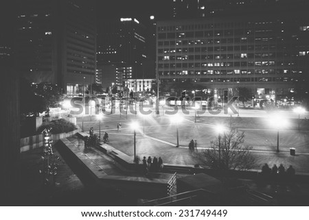 McKeldin Square at night in downtown Baltimore, Maryland.