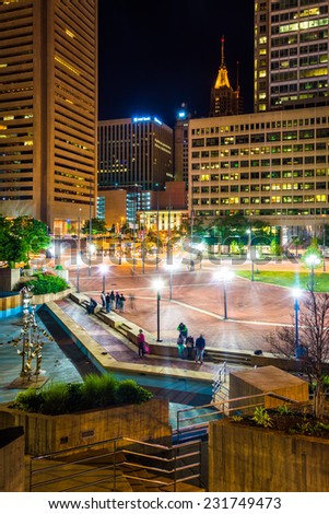 McKeldin Square at night in downtown Baltimore, Maryland.