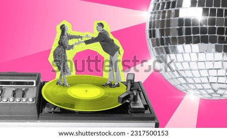 Stylish young man and woman, lovely couple holding hands and dancing retro vinyl player. Music. Contemporary art collage. Concept of party, leisure time, celebration, event, joy, youth. Ad