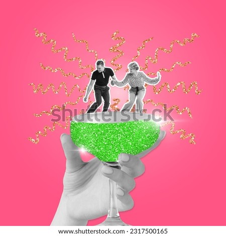 Beautiful young couple, man and woman in retro clothes dancing on delicious cocktail. Anniversary celebration. Contemporary art collage. Party, leisure time, celebration, event, joy, youth concept. Ad