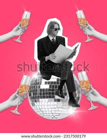 Young stylish man sitting on disco ball, reading newspaper with serious face around hands holding champagne glasses. Contemporary art. Party, leisure time, celebration, event, joy, youth concept. Ad