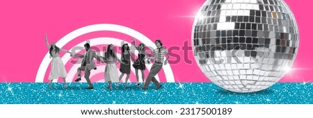 Groupf of young people, friends in retro clothes dancing near big disco ball. Having fun on weekends. Contemporary art collage. Concept of party, leisure time, celebration, event, joy, youth. Ad