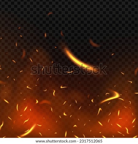 Fire flying sparks background. Vector realistic heat effect of flame in bonfire, isolated on transparent background.