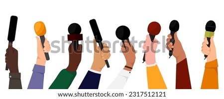 Hands holding microphones. Mass media reporters and journalists with mic recorder taking interview on live tv. Journalism concept