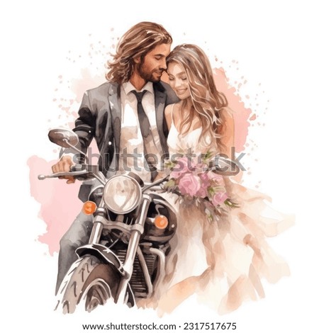 Wedding couple married with biker husband with flowers vector watercolor illustration very cute  colorful isolated on white background clip art.