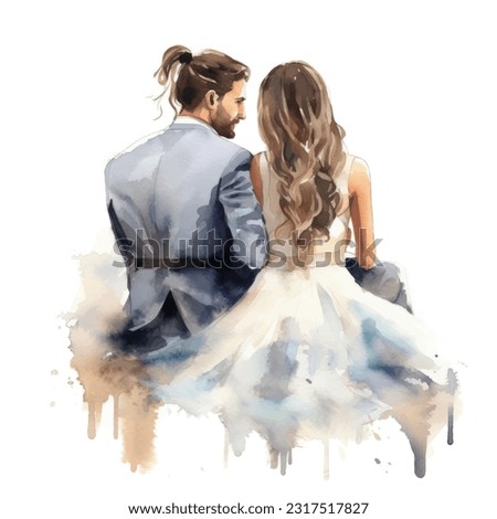 Wedding couple married with flowers from back sit vector watercolor illustration very cute colorful isolated on white background clip art.
