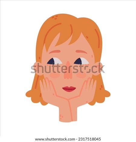Woman Head with Smiling Face Emotion Looking Somewhere Leaning on Hand Vector Illustration