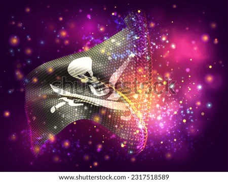 Pirate, on vector 3d flag on pink purple background with lighting and flares