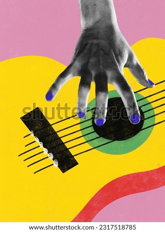 Human hand playing guitar. Abstract colorful design. Music lover, artist. Performance. Contemporary art collage. Concept of music, festival, party, creativity, inspiration and art