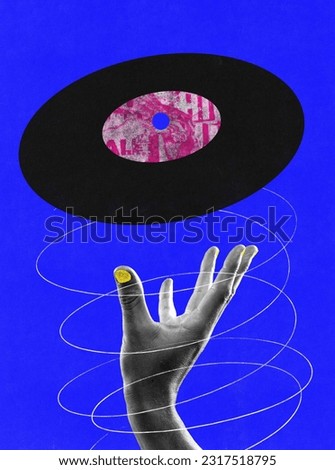 Female hand and retro vinyl player against blue background. Turning on the music. Contemporary art collage. Concept of music, festival, party, creativity, inspiration. Ad. Colorful creative design