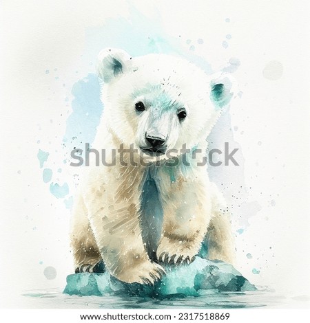 Cute polar bear cub watercolor illustration, baby animal drawing, winter cartoon character print design, art on white background