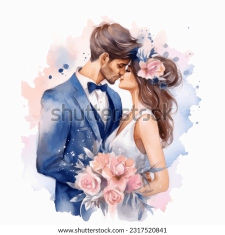 Wedding couple married with flowers vector watercolor illustration very cute colorful isolated on white background clip art.