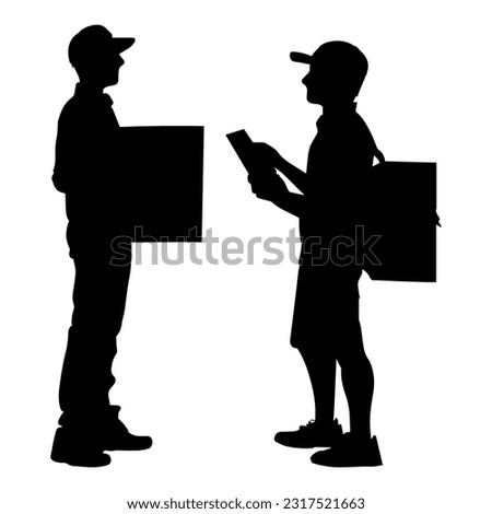 Vector illustration. Black silhouette of a courier with a box. Fast delivery.