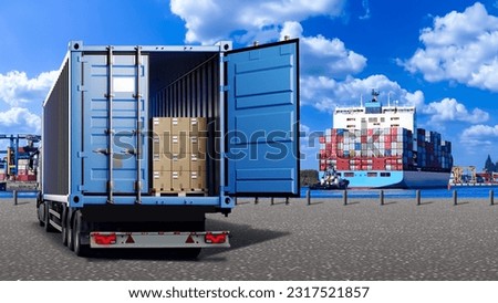 Truck in harbor. Open container with boxes. Sea harbor. Place for unloading ships. Harbor on ocean. Port logistics. Truck with boxes. Cargo port in summer weather. Ship waiting for unloading in port Royalty-Free Stock Photo #2317521857