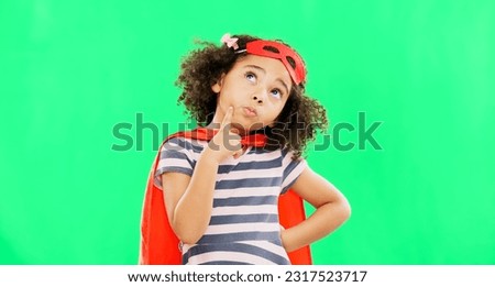 Child, superhero and thinking on green screen to stop crime and fight with fantasy or cosplay costume. Girl power, hero and pretend game with strong kid portrait to protect freedom idea for justice