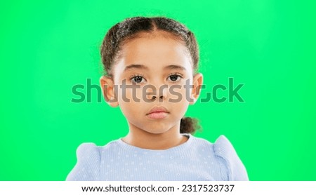 Eyebrow raise, green screen and child face of a young girl with a funny, meme and emoji expression. Comic, kid and humor of a little kid with isolated studio background with youth comedy and alone