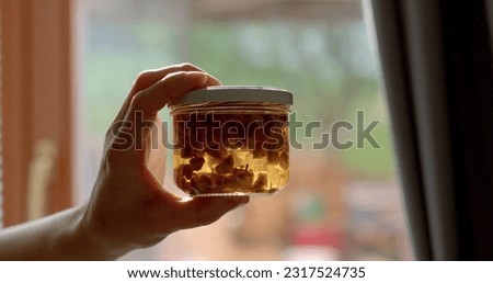 Jar with tincture of plants. Making medicines at home. Witchcraft and magic. The flowers of the plant float in the liquid and give an extract. Glass container lid. Royalty-Free Stock Photo #2317524735