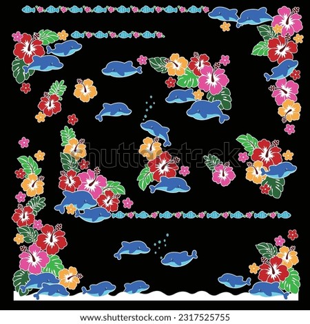 Decorative frame of cute tropical flowers and dolphins,