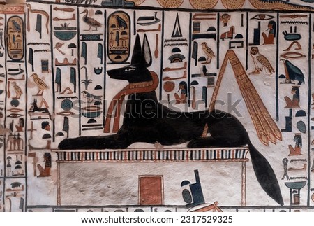Reliefs at the tomb of Queen Nefertari shows god Anubis . Valley of queens .Luxor .Egypt . Royalty-Free Stock Photo #2317529325