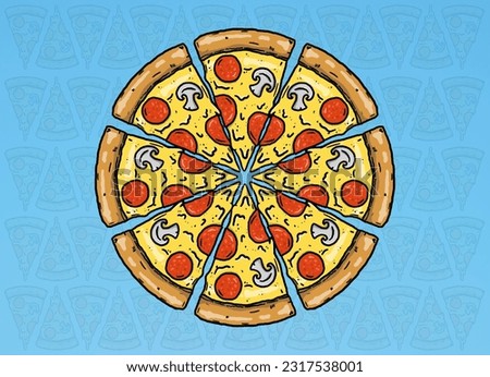 Cartoon cheese italian pizza slice hand draw black border square line art wallpapers background.