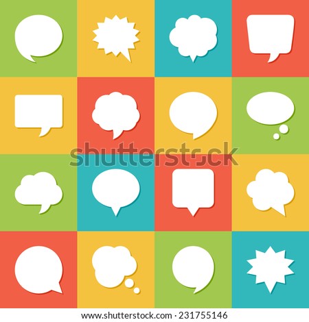 Set of blank empty white speech bubbles and dialog balloons on colorful background. Flat design icons.