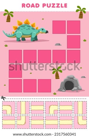 Education game for children road puzzle help stegosaurus move to cave printable dinosaur worksheet Royalty-Free Stock Photo #2317560341
