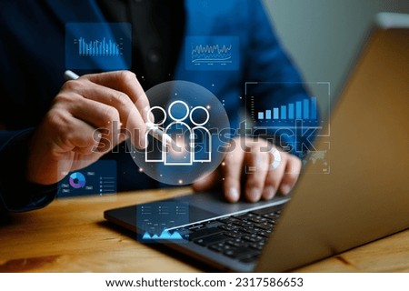 Customer Relationship Management, Businessman use laptop with global structure customer network technology, Data analyst development. customer service, social media. digital marketing online.